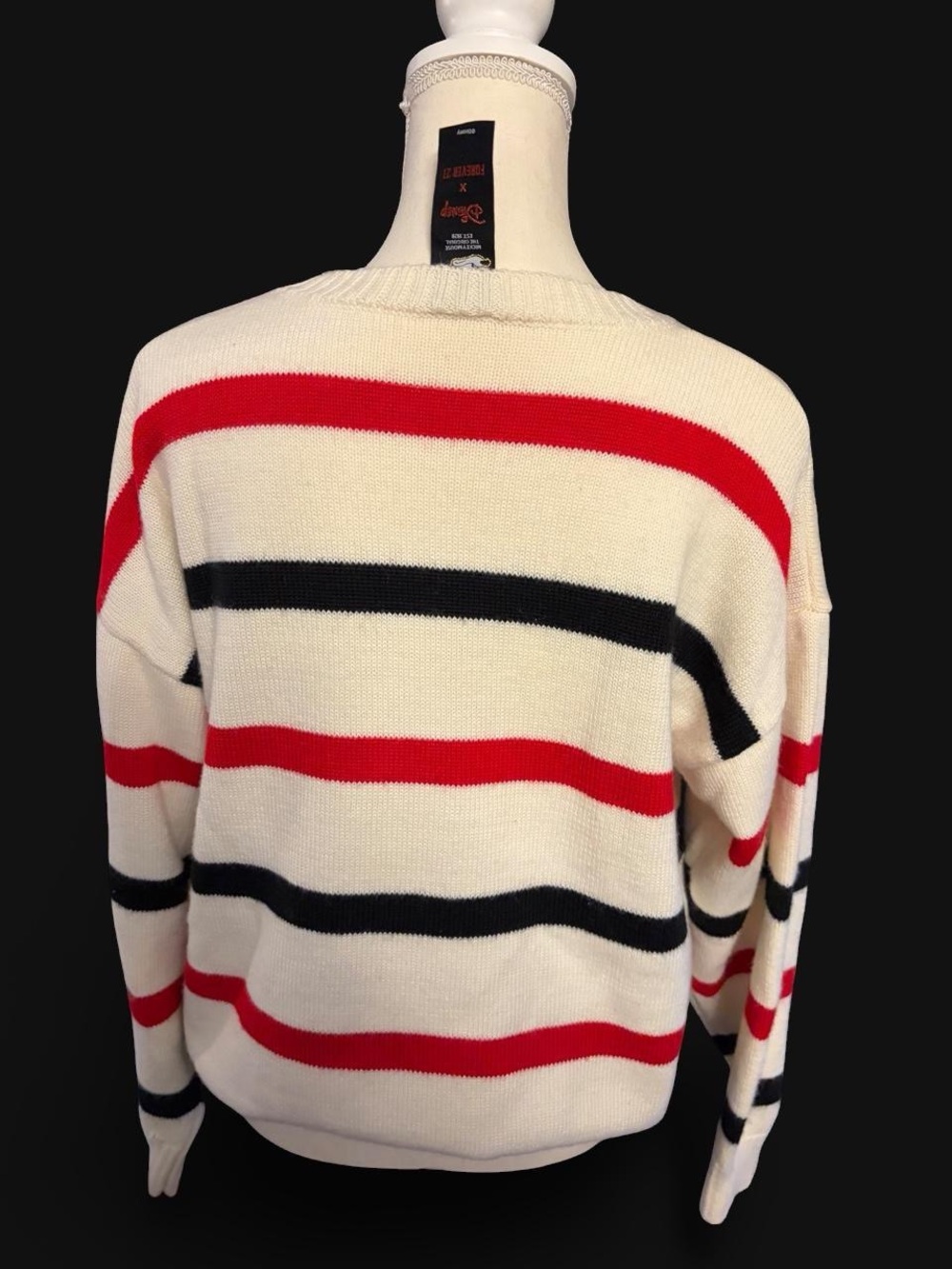 Forever 21 Ivory Crewneck Sweater with Red and Black Stripes - Picture 2 of 4